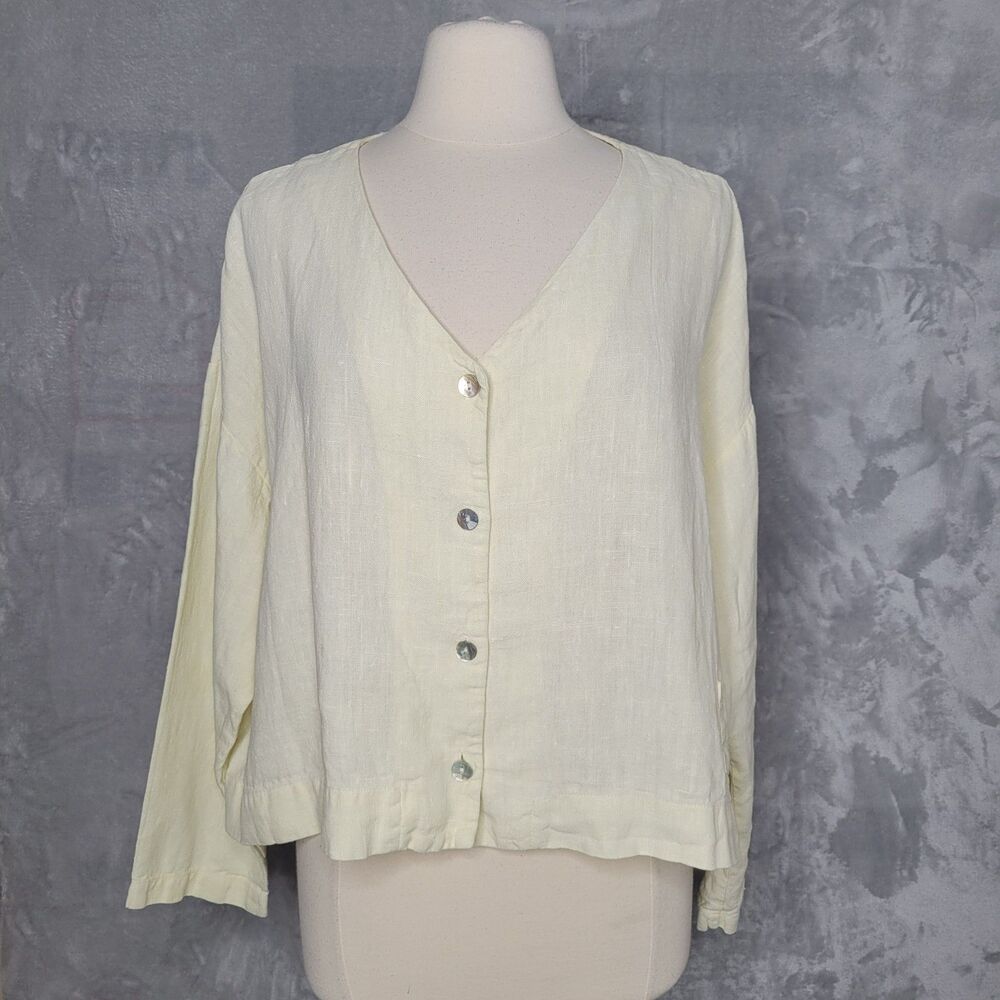 BRYN WALKER Light Yellow Linen Cardigan Top Size M Lagenlook Boxy Relaxed Beachy